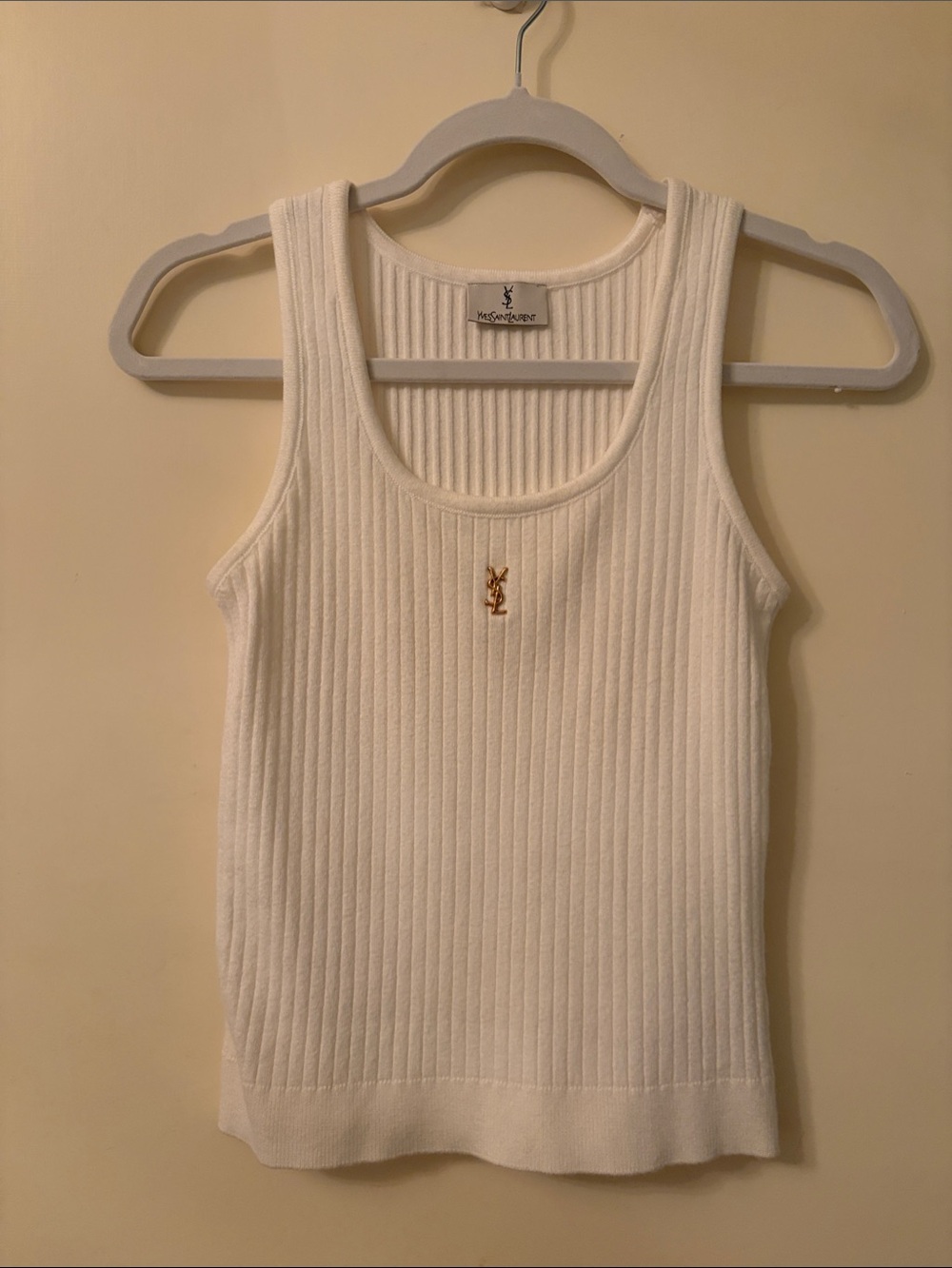 Yves Saint Laurent Cream Ribbed Tank with Gold YSL Emblem